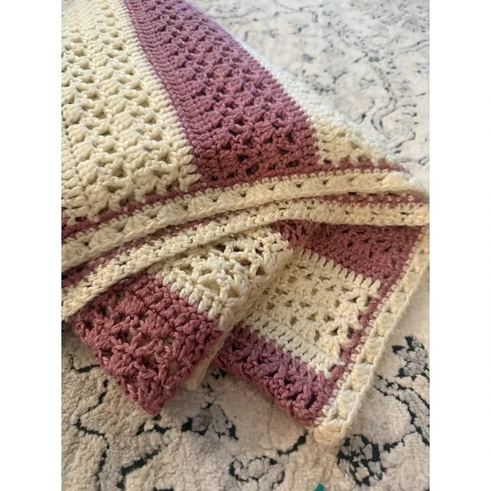 Handmade Crochet Afghan – Stunning Pink & Ivory- Cottage Core Granny 65x65